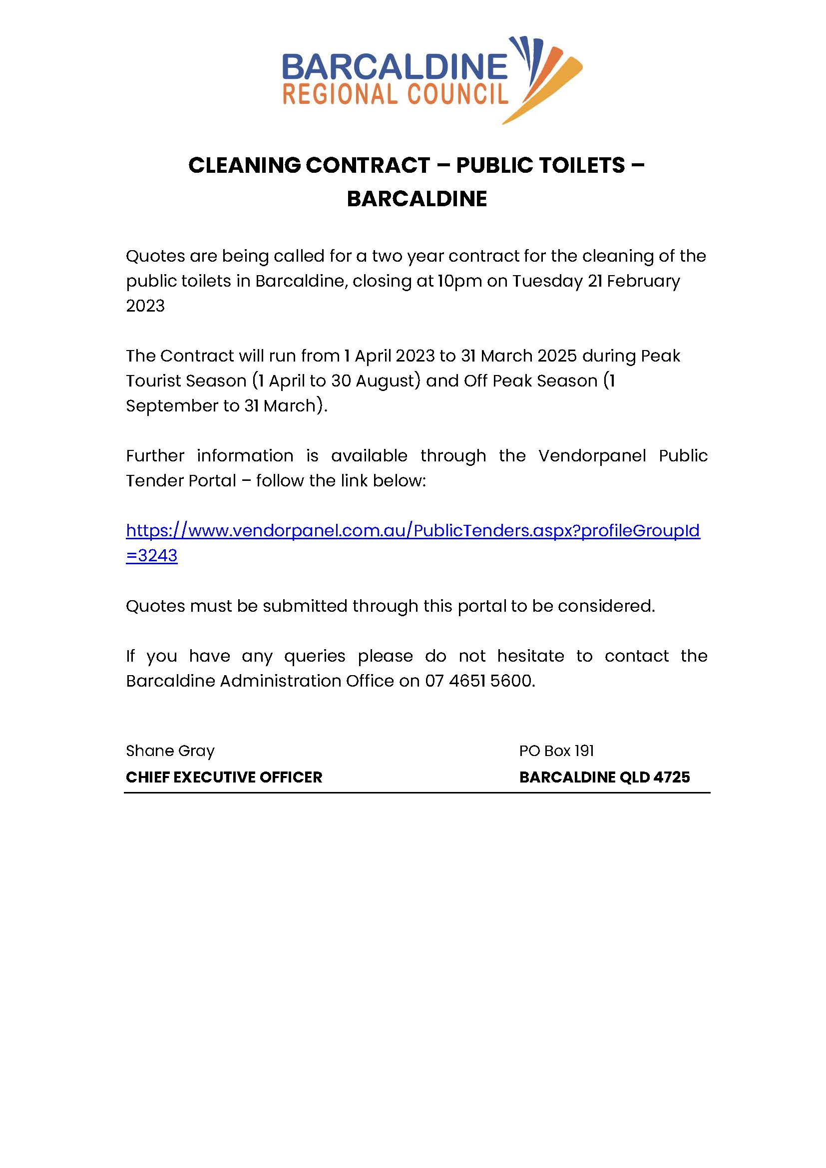 230201 Barcaldine public toilet cleaning contract advert