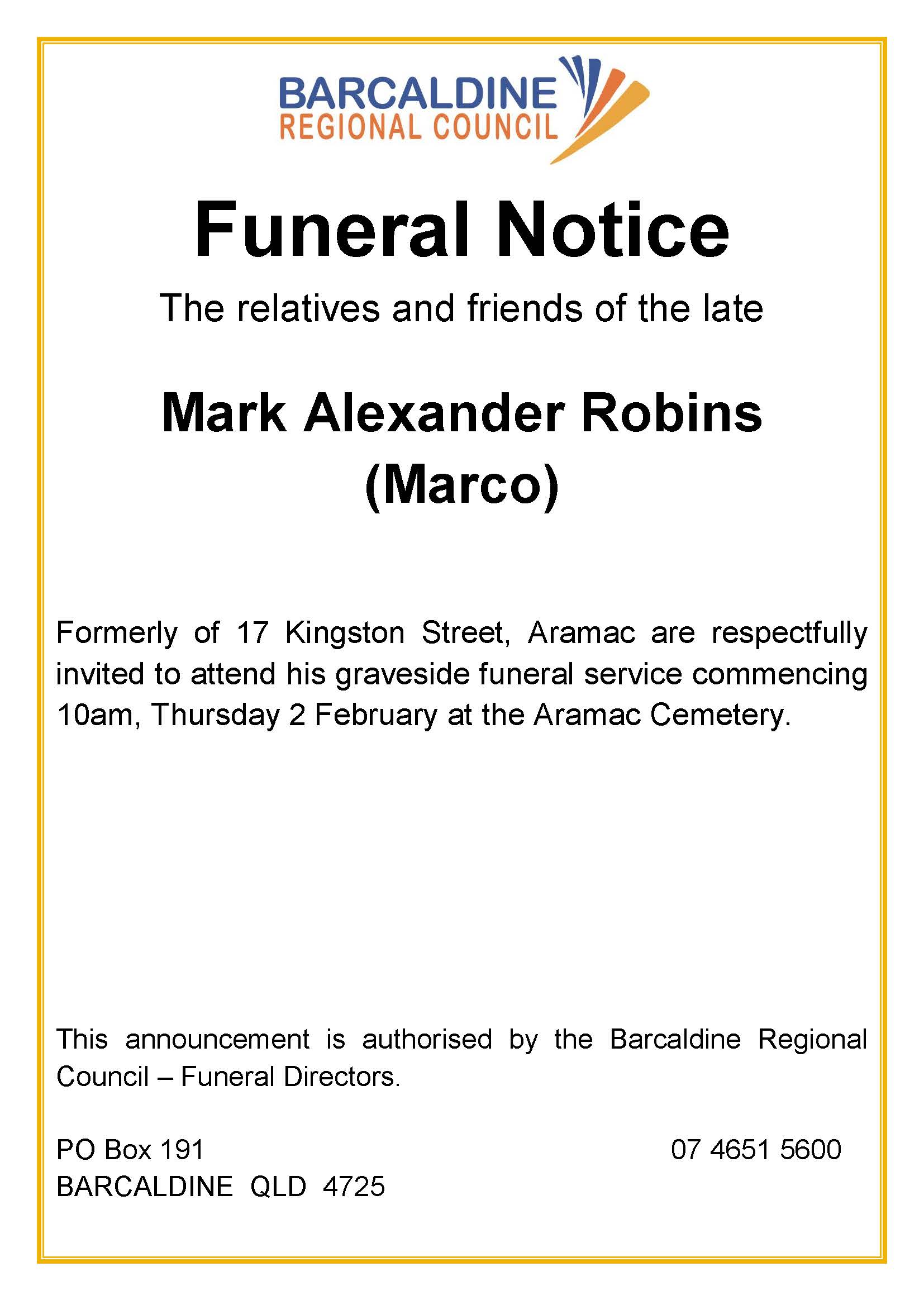 Funeral NOtice Mark Robins