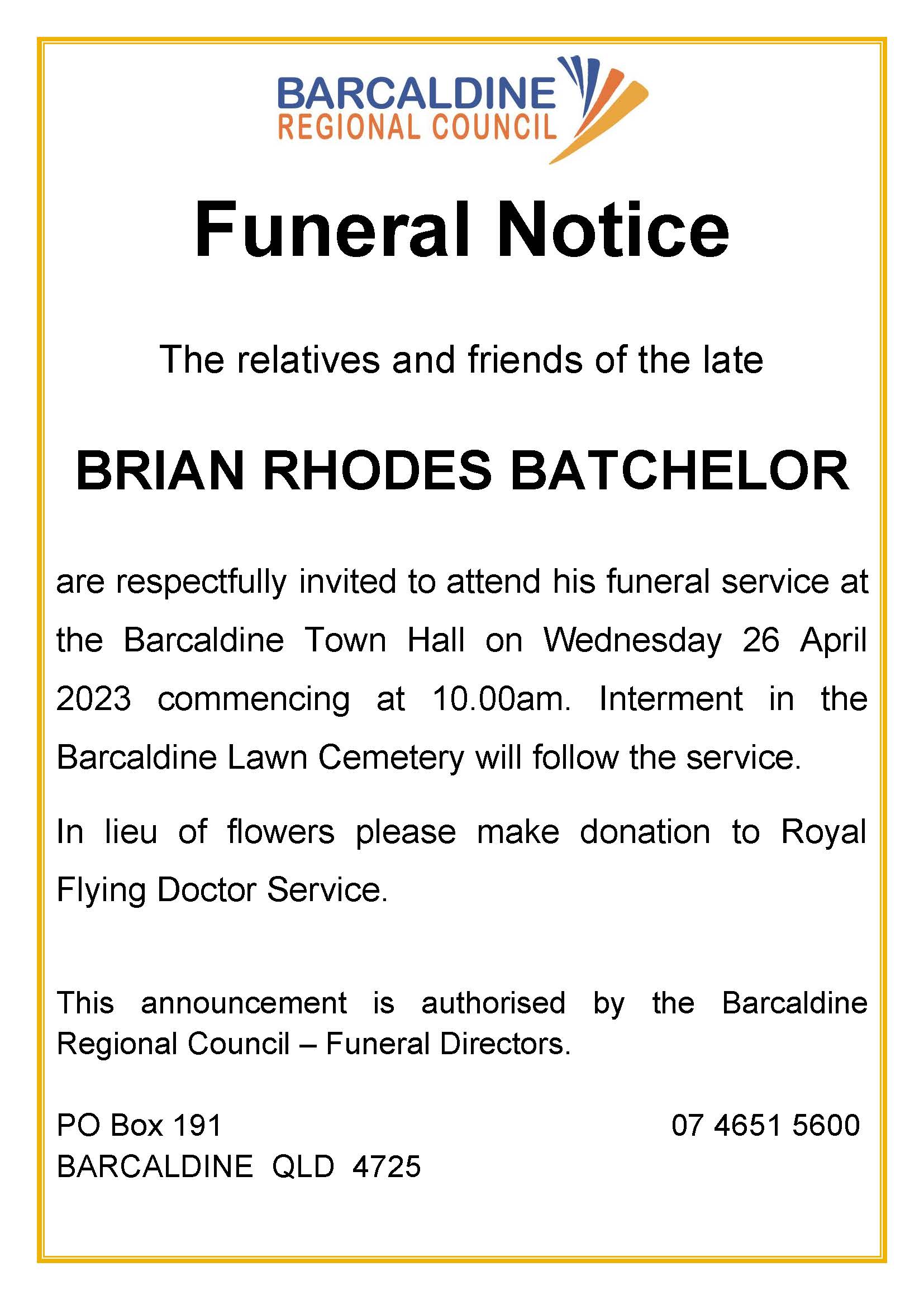 Funeral notice brian batchelor