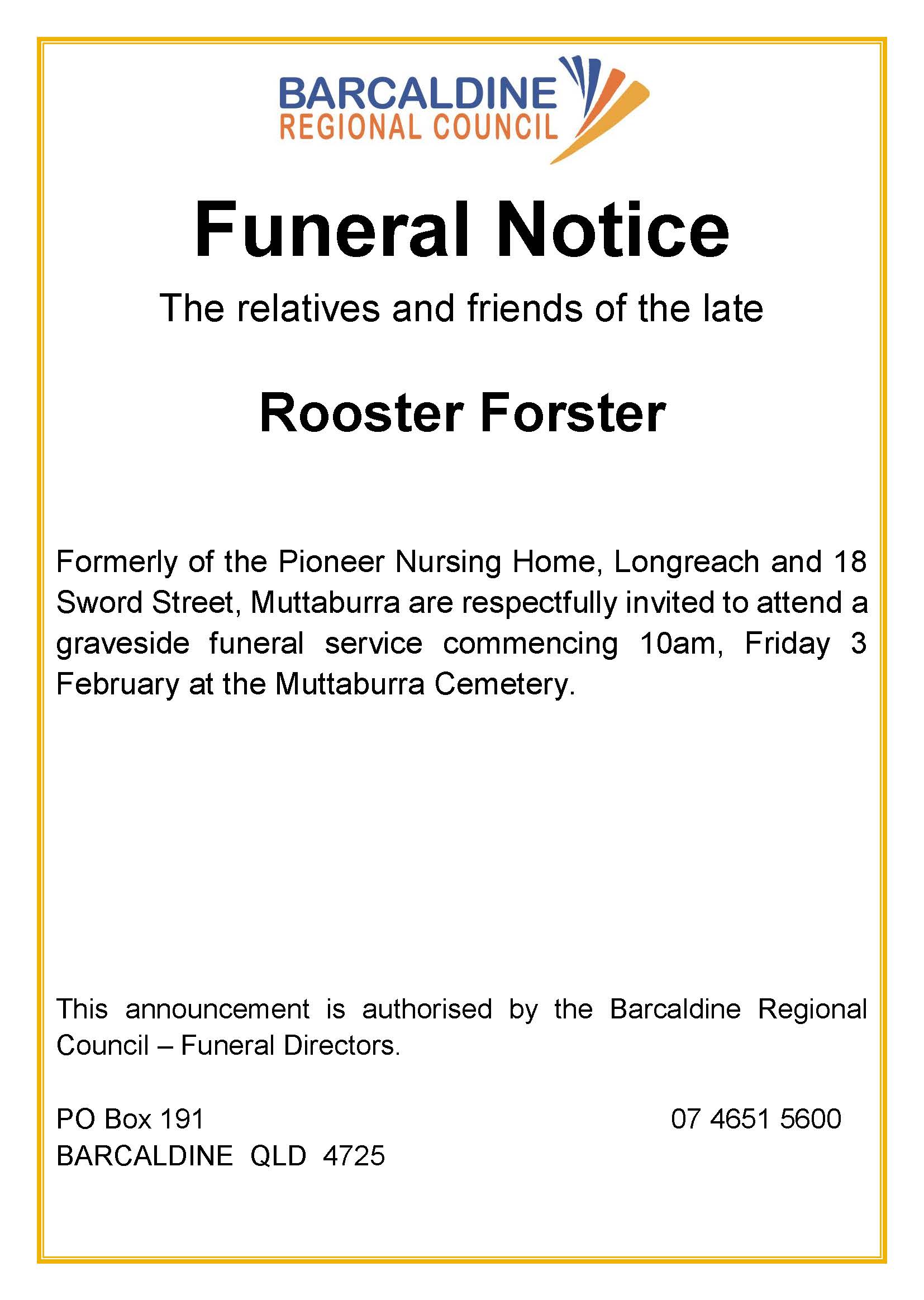 Rooster Forster Funeral Notice
