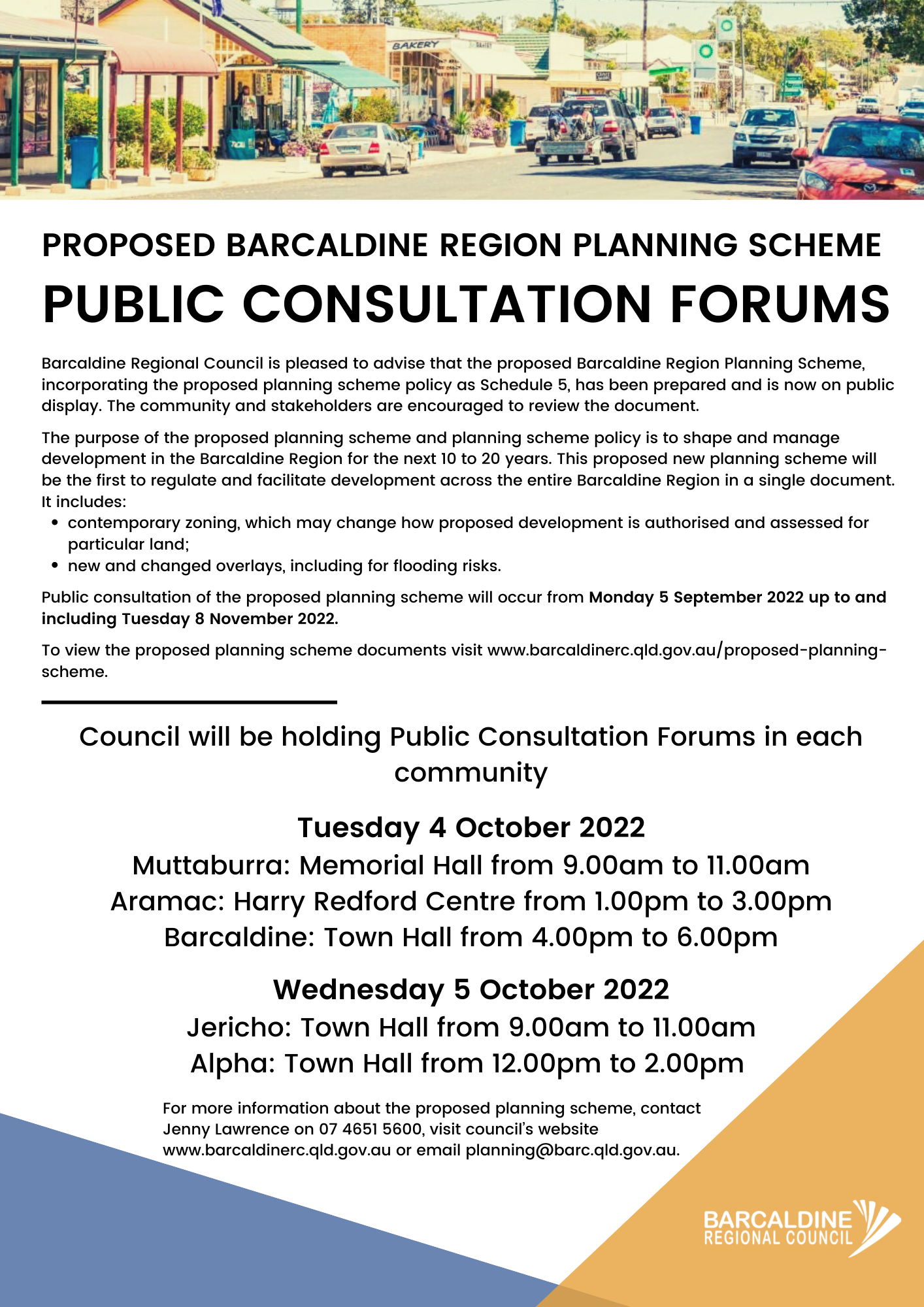 Barcaldine Regional Council - Proposed Barcaldine Region Planning Scheme Public Consultation Forums, Tuesday 4 and Wednesday 5 October 2022