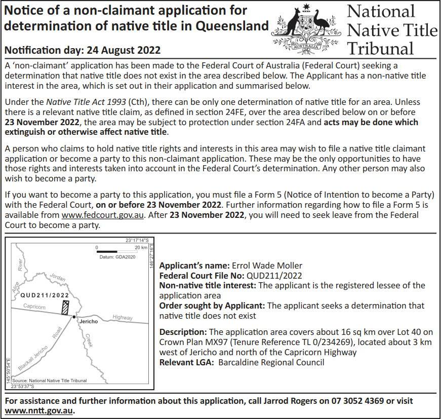Notice of a non-claimant application for
determination of native title in Queensland