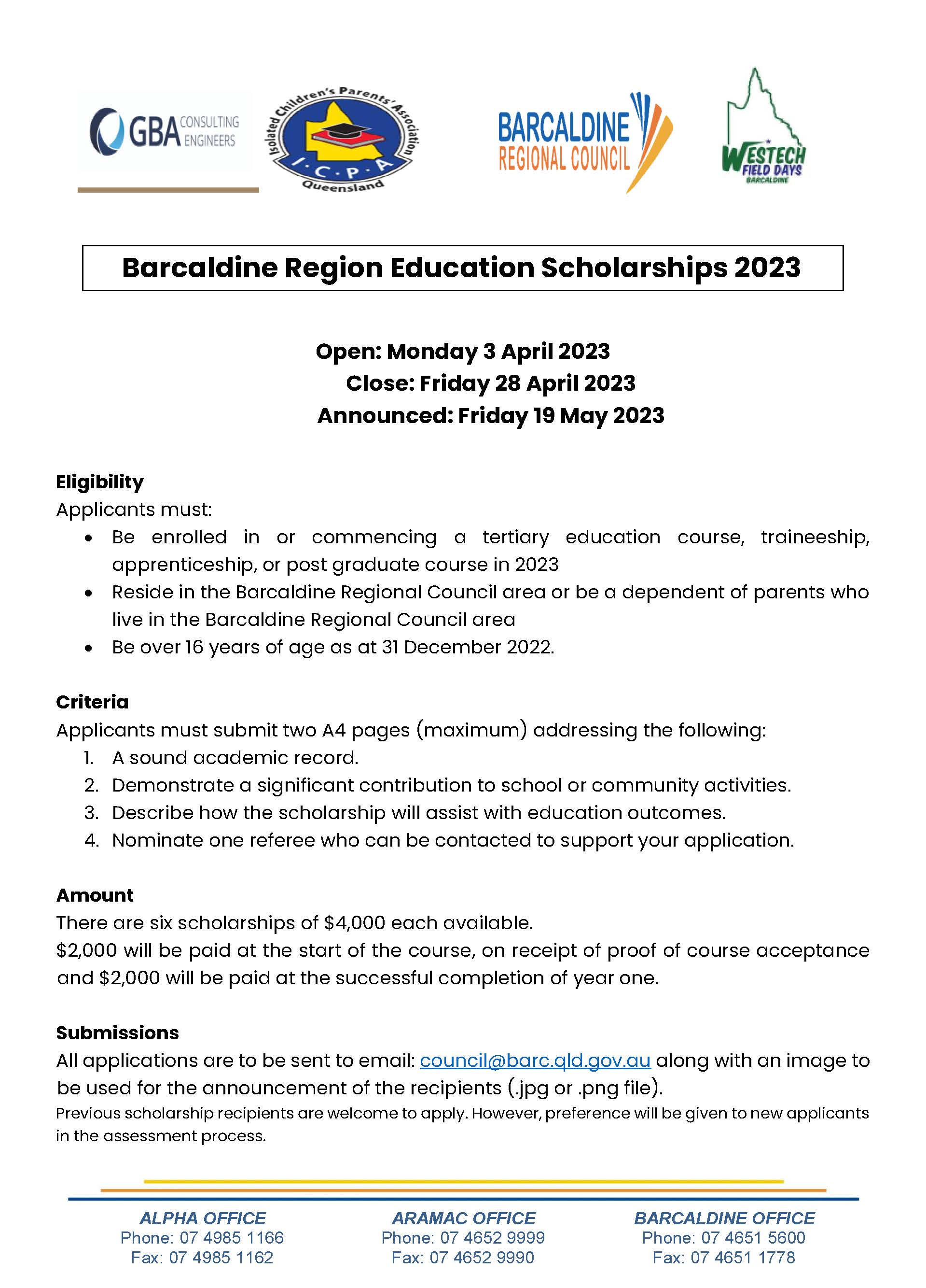 Applications are open for the Barcaldine Region Education Scholarships 2023