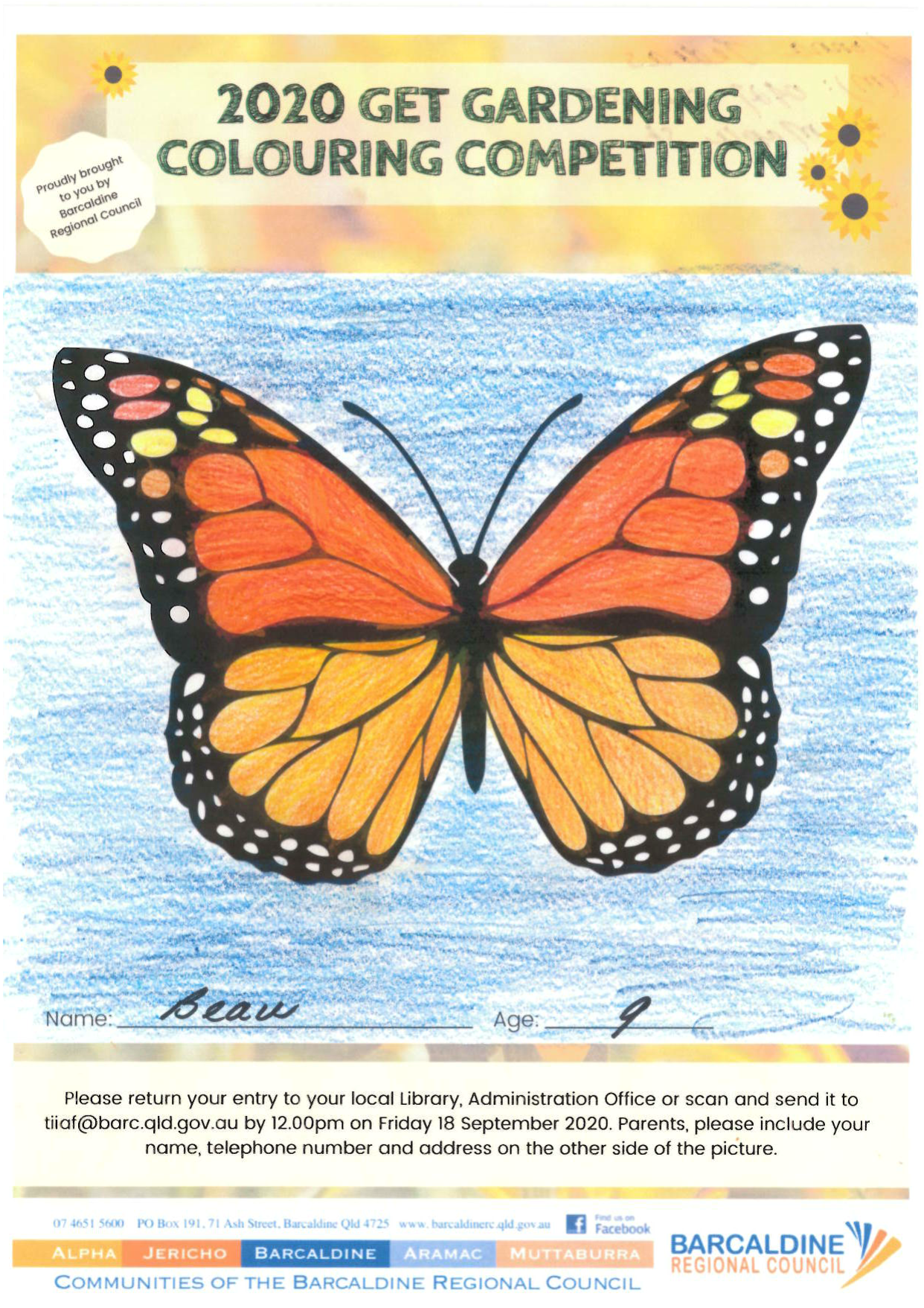 Get Gardening Colouring Competition award 7 to 9 years recipient Beau Jedras